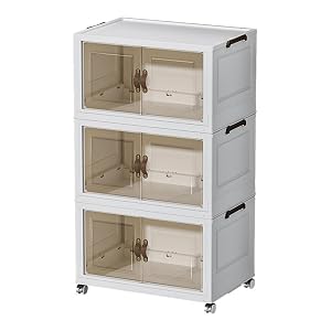 Foldable Plastic Storage Bins 3 Pack Stackable Storage Bins with Lids and Wheels Collapsible Double Door Storage Box