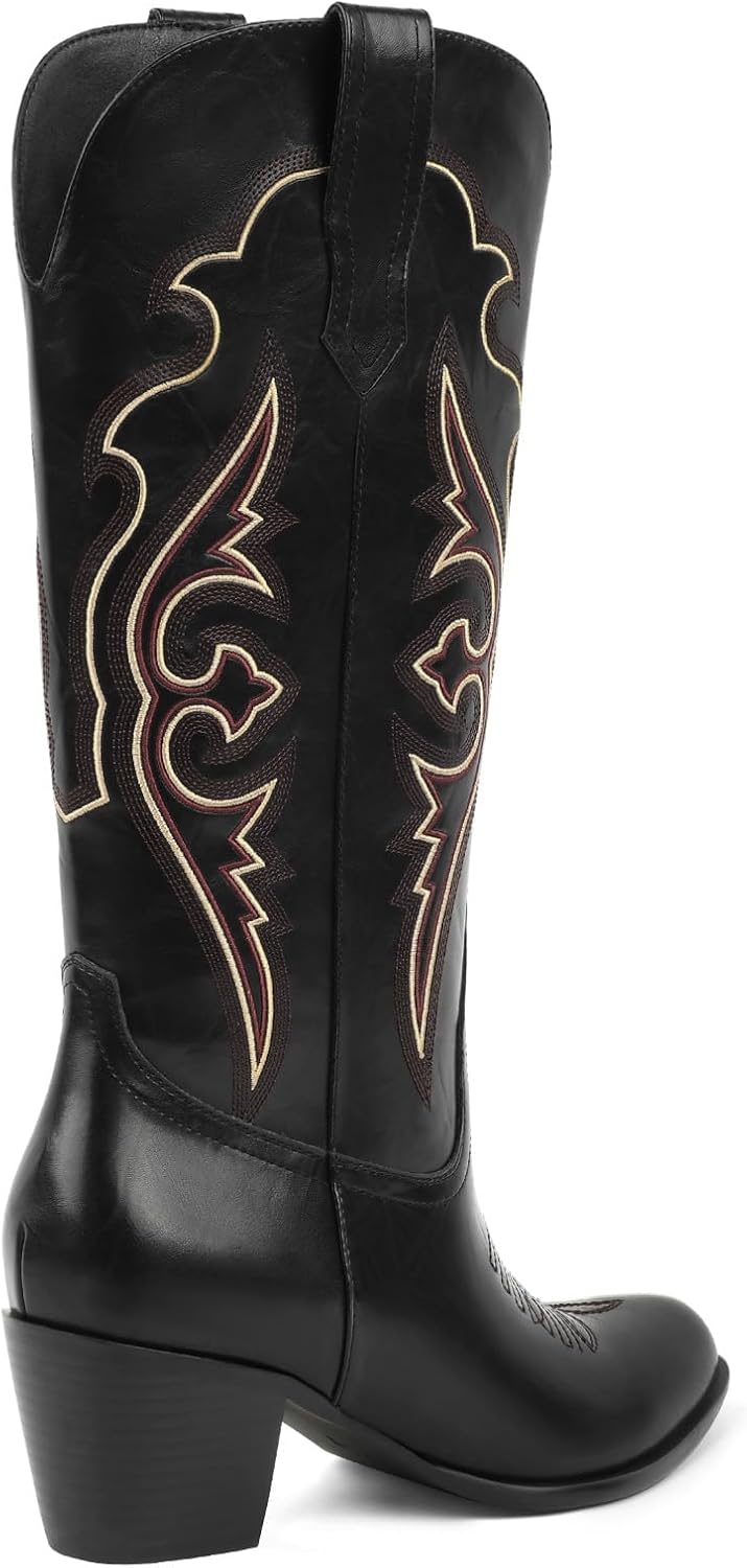 Western Cowboy Boots for Women, Embroidered Cowgirl Boots with Chunky Heel, Comfort Mid Calf Country Boot
