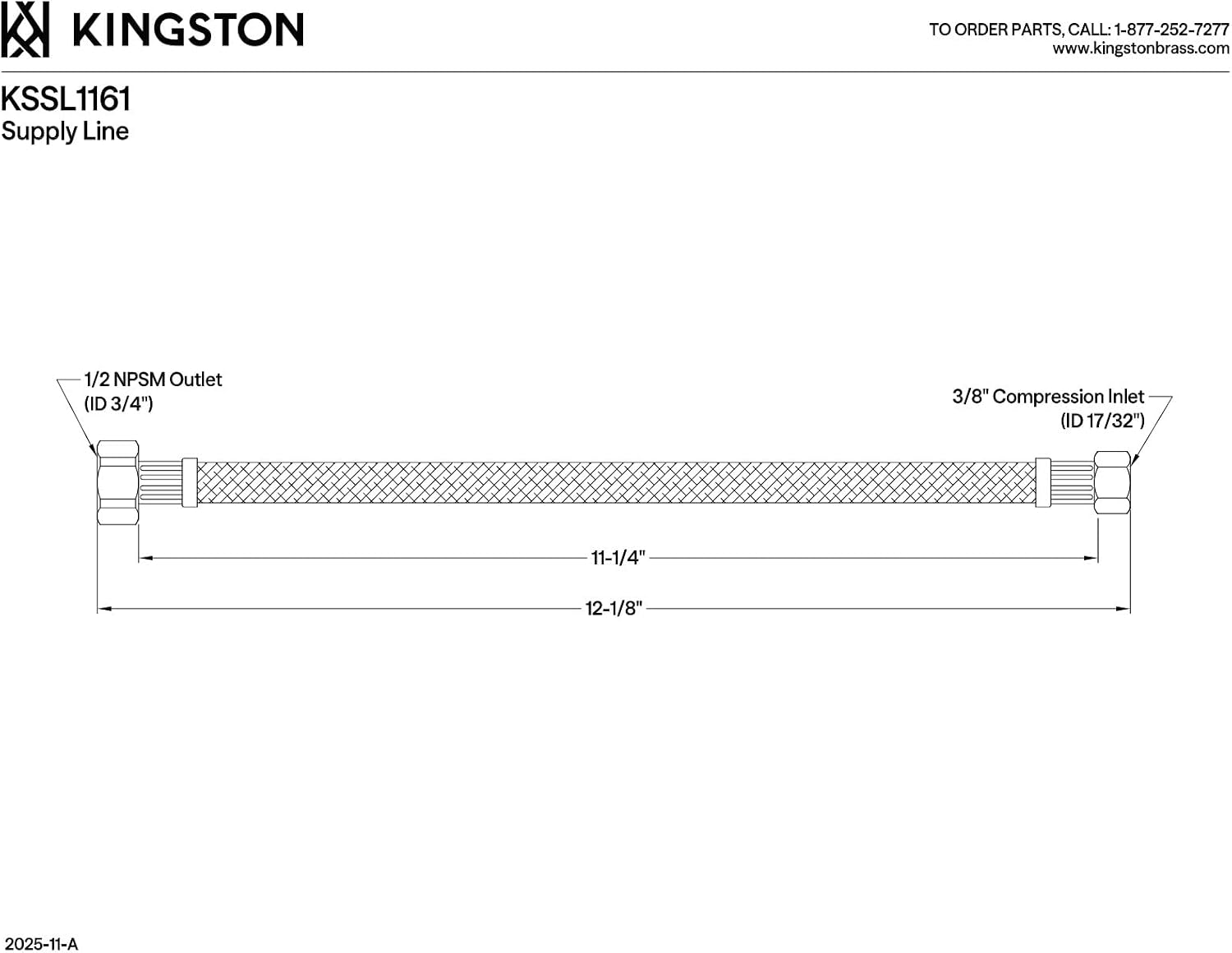 Kingston KSSL1161 12" Supply Line for Widespread Faucet, Stainless Steel