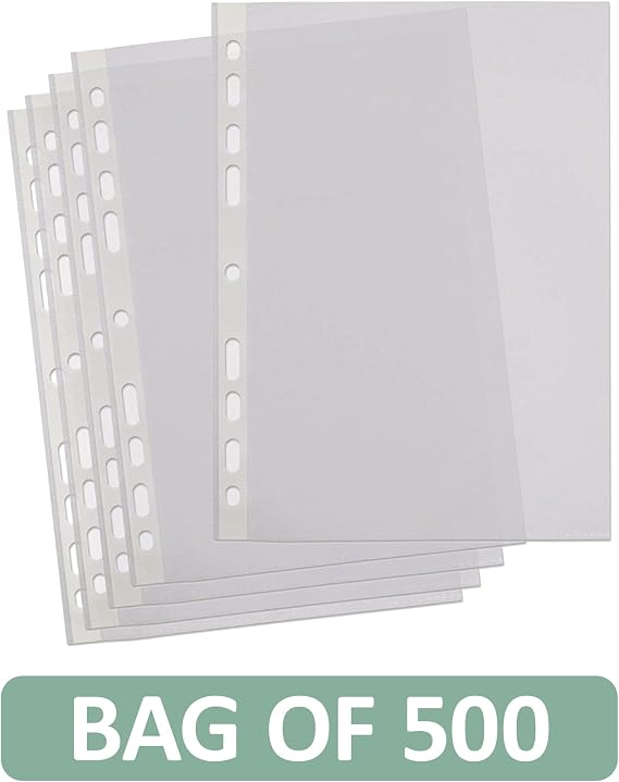 SUMMIT A4 Punched Pockets, 500 Clear Plastic Sleeves, Reinforced Multi-Punched Spine, 40 Microns for Durable Filing