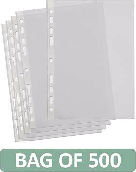 SUMMIT A4 Punched Pockets, 500 Clear Plastic Sleeves, Reinforced Multi-Punched Spine, 40 Microns for Durable Filing