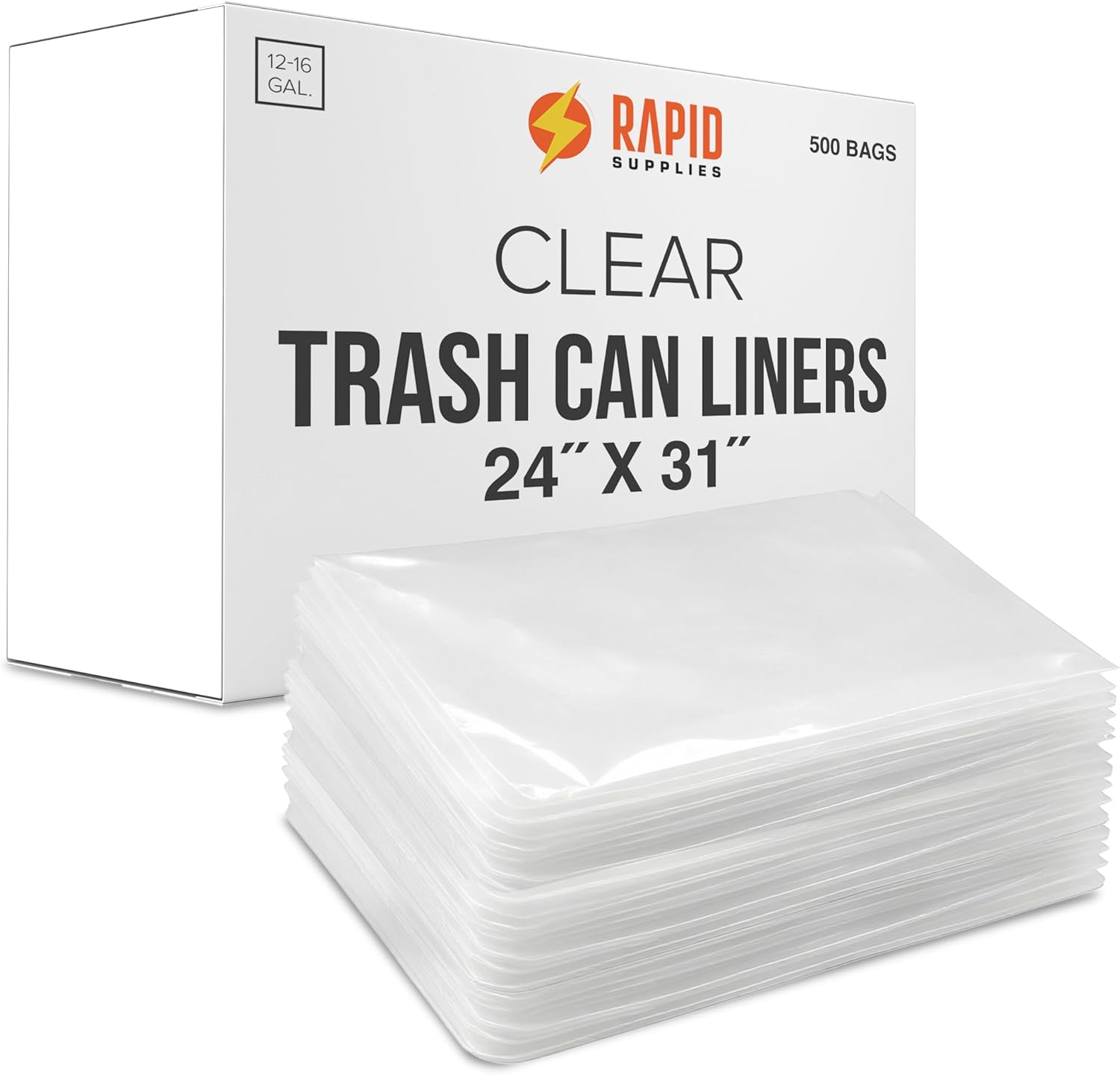 Rapid Supplies Clear 12–16 Gal Trash Can Liners, 24" x 31", 1.5 Mil Thick Durable Garbage Bags for Home, Office, Bathroom, Hotel, Gym, Indoor/Outdoor Use, 500/Roll