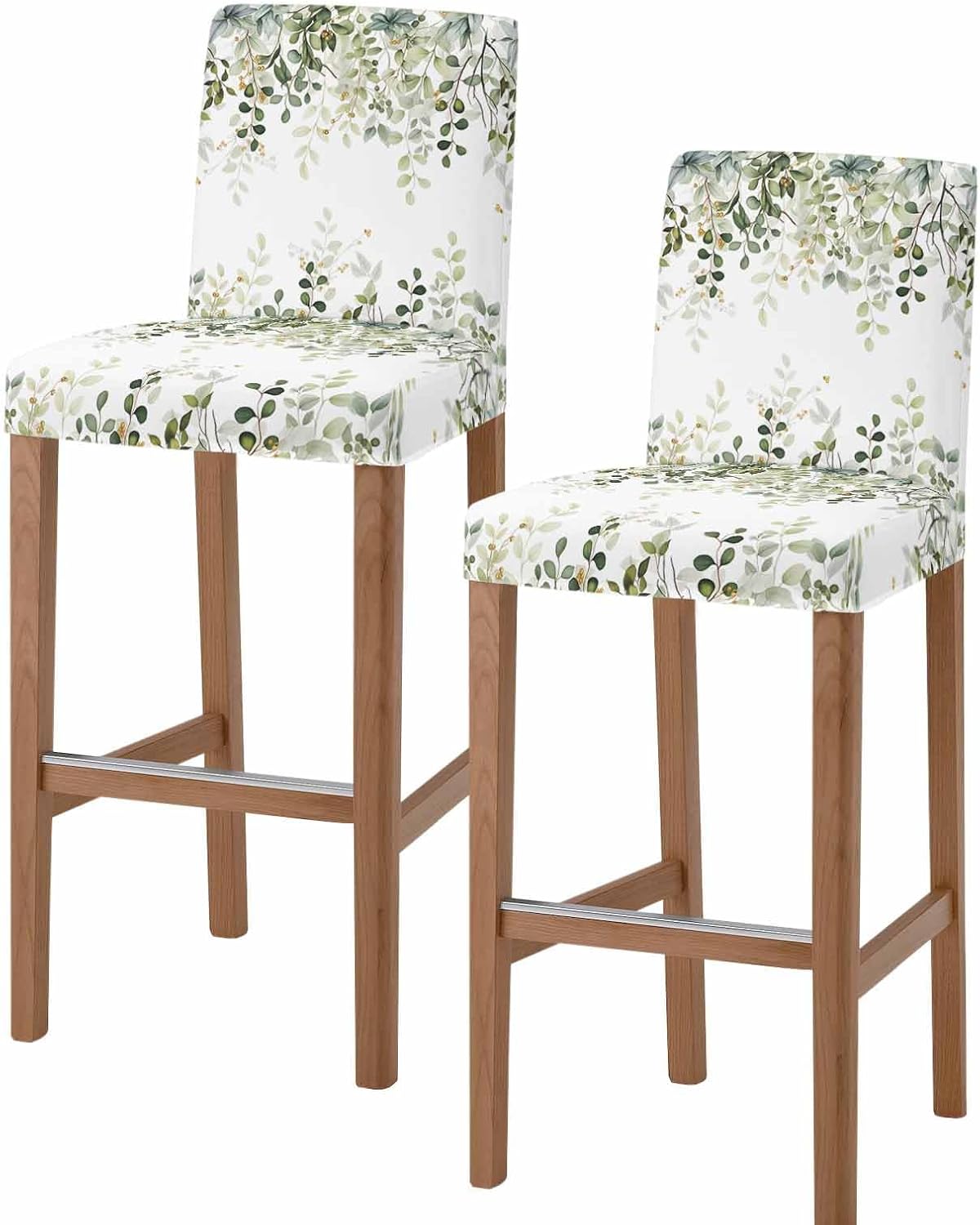 Sage Green Eucalyptus Leaves Bar Stool Covers Set of 4, Spring Botanical Floral Stretch Washable Bar Chair Covers with Backs, Removable Pub Counter Height Chair Cover for Kitchen Dining Room Cafe