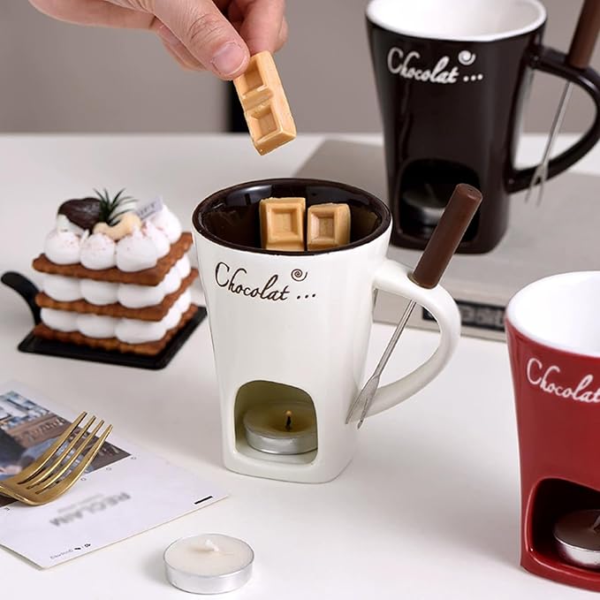 Meltie Cup, Chocolate Fondue Mug Set, Mini Ceramic Chocolate Melting Mug With Forks, Sweet Fondue Set Without Tealights for Date Night Birthday Wedding Gifts (Red) miniatura 2