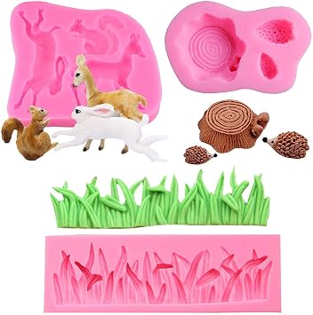 3Pcs/set Forest Jungle Animal Cake Fondant Mold Squirrel Deer Rabbit Hedgehog Tree Stump Grass Gum Paste Silicone Sugar Craft Mold Cake Cupcake Decorating Tool Polymer Clay Mold