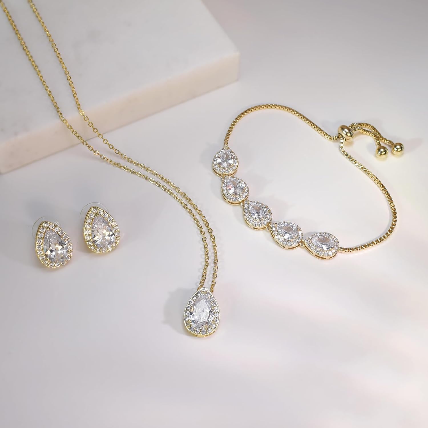 UDYLGOON Cubic Zirconia Wedding Jewelry Sets for Bride Bridesmaid, Teardrop Earrings Pendant Necklace Adjusable Bracelet Party Wedding Homecoming Jewelry
