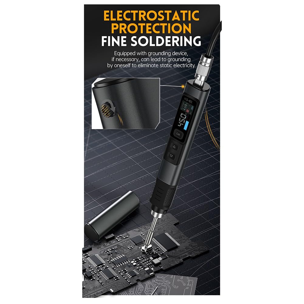 HS-02B Soldador inteligente para FNIRSI, carga rápida PD de 100 W, control de temperatura de 100-450 °C, pantalla a color de 0,96 pulgadas, protección ESD con modo de suspensión para reparación