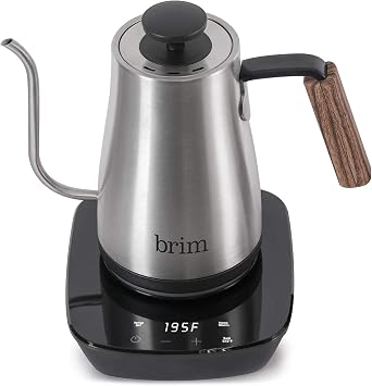 brim 0.8L Gooseneck Kettle w Wood Handle, Easy Brewing Pour Over Coffee, Tea or Hot Beverages, 6 Variable Temperature Presets, Smart Touch Interface, Cordless Power Base, Stainless Steel, 50029