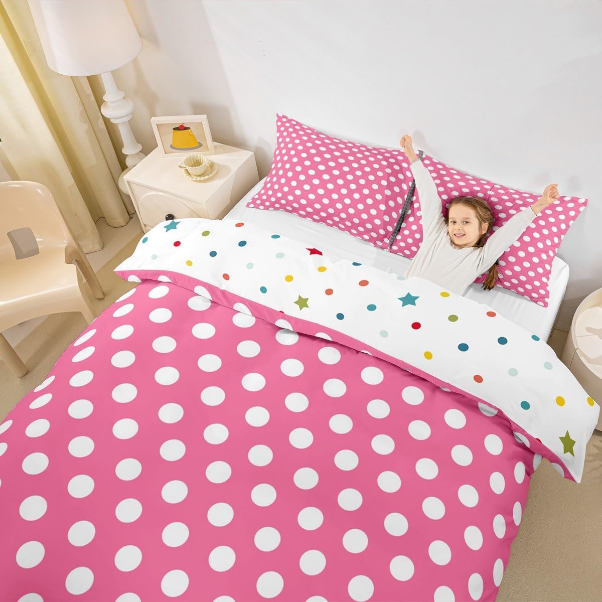 Juego de ropa de cama con diseño de lunares, color rosa y blanco, estampado geométrico, tamaño M, para niños y niñas, arte moderno y sencillo, incluye 1 funda nórdica de 155 x 220 cm y 1 funda de
