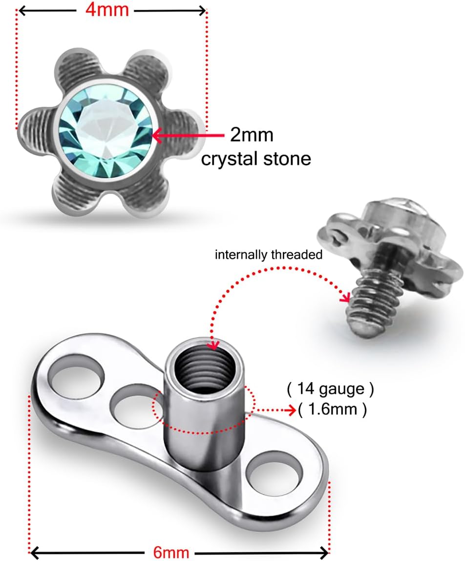 Crystal Stone Flower 316L Surgical Steel Top with G23 Grade Titanium Internally Micro Dermal Anchor Drivers - Surface - Skin Piercing