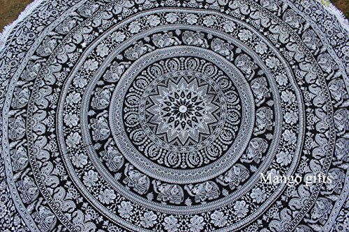 Mango Gifts Elephant Mandala Round Roundie Beach Throw Indian Tapestry With Carry Bag, Hippie Yoga Mat Decor By Mango Gifts #TOP3
