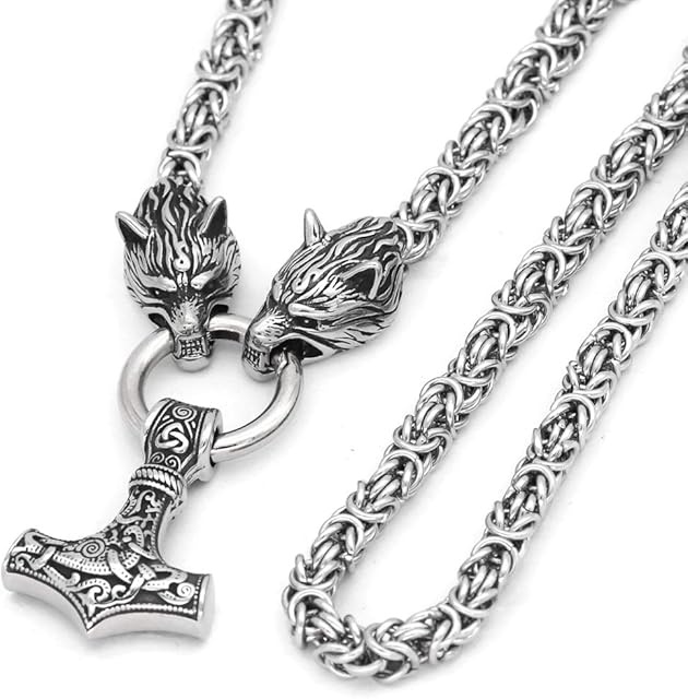 GuoShuang Mjolnir necklace viking jewellery for men wolf with Thor hammer necklace Stainless Steel Chain gift norse pendant