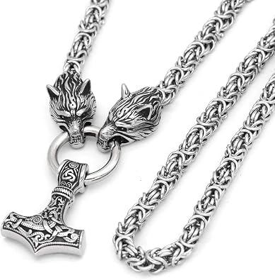 GuoShuang Wolf Head with Thor Mjolnir Pendant Necklace Stainless Steel - King Chain