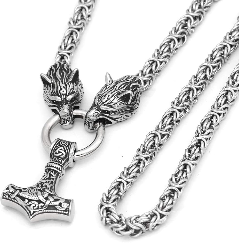 GuoShuang Wolf Head with Thor Mjolnir Pendant Necklace Stainless Steel - King Chain