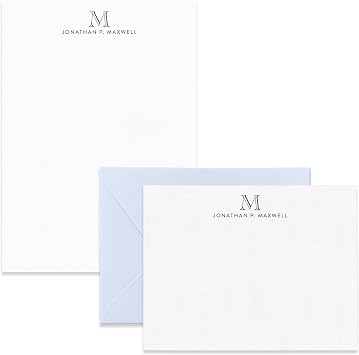 Personalized Stationery Set with 10 Note Cards + 10 Envelopes and a 5x7 50 Page Notepad, Custom Stationery Multi Piece Writing Set for Men or Women Monogram #1