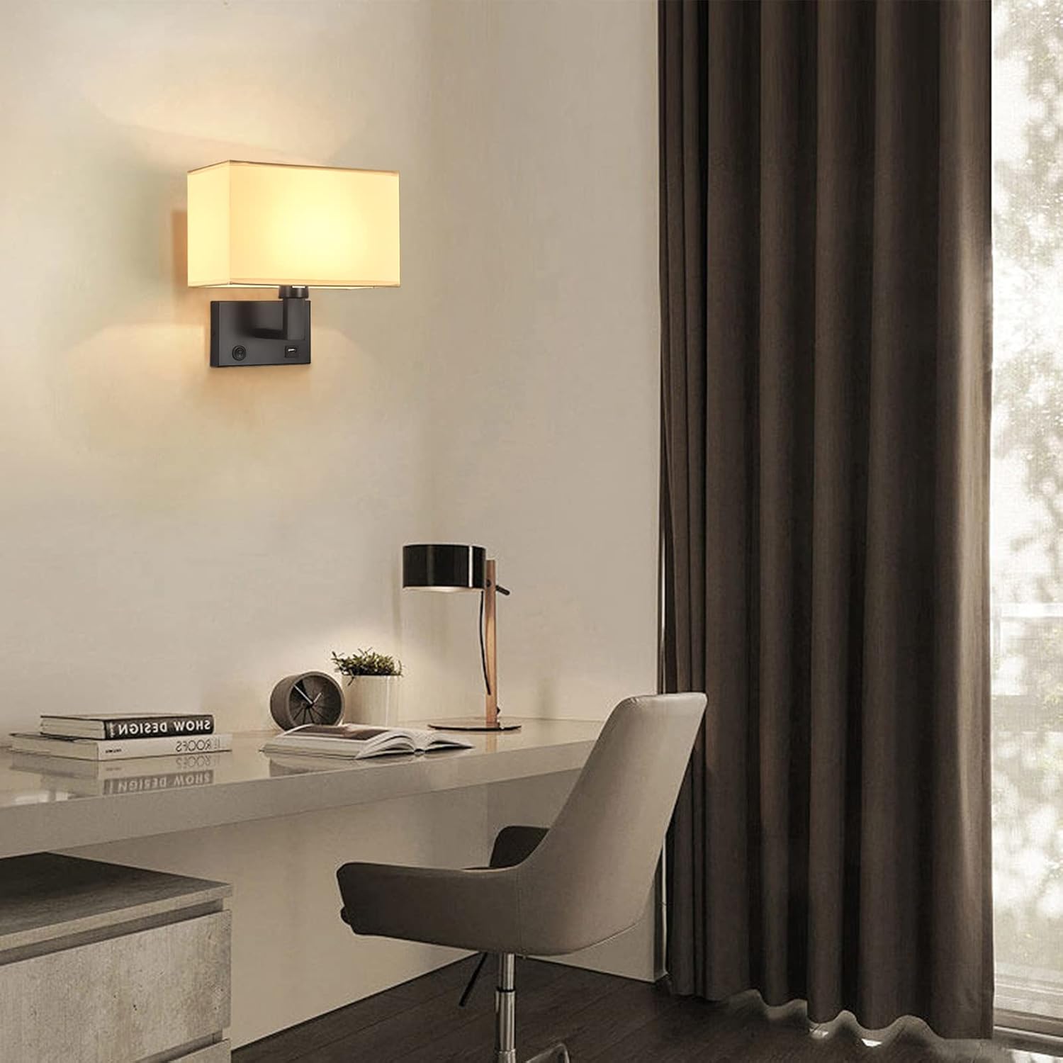 Bedside Wall Mount Light with USB, LED Reading Swing Arm Fabric Shade Wall Sconce Light Hardwired, Perfect for Bedroom, Living Room and Hotel (Black)