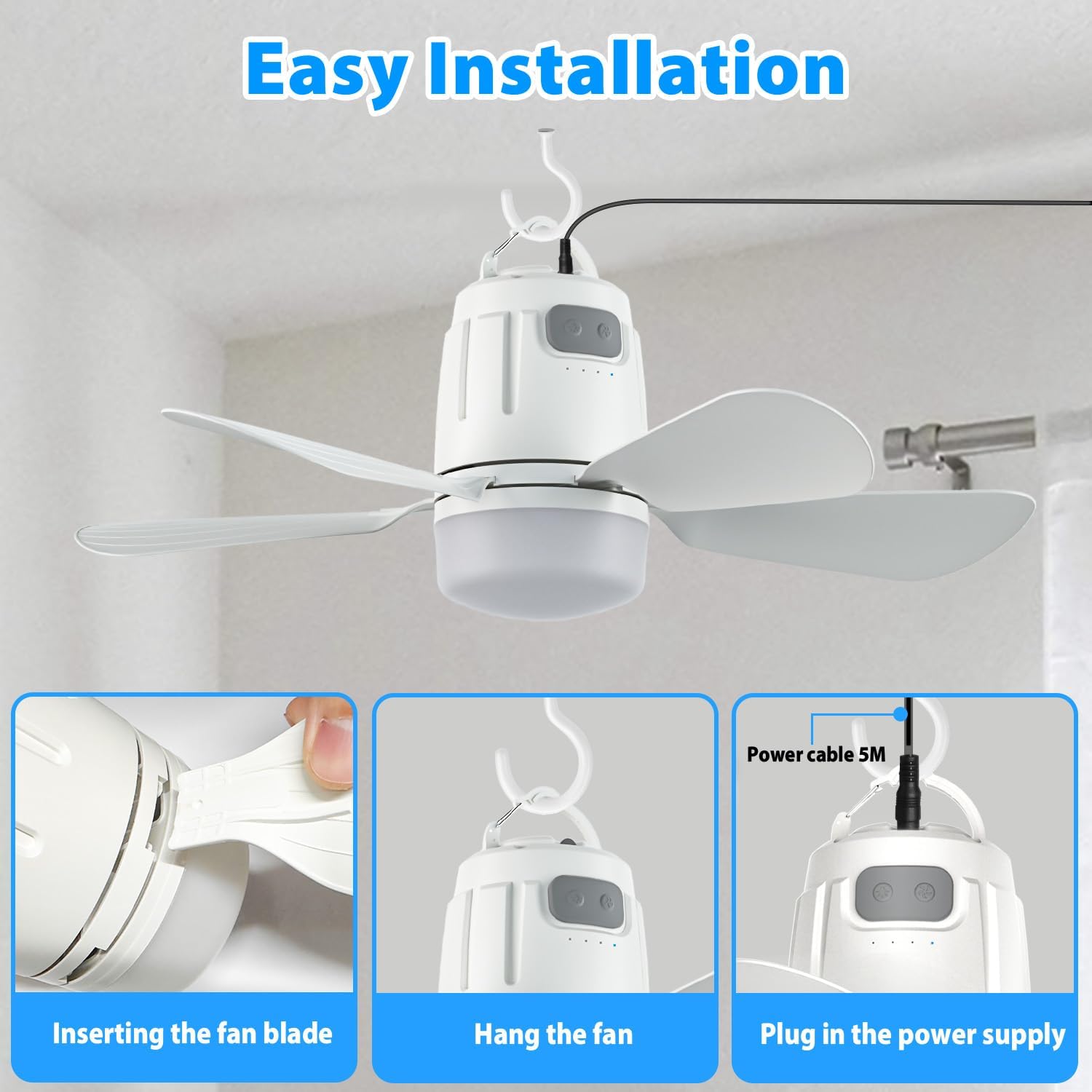 Gazebo Fan Outdoor Hanging with Light, Patio Plug in Ceiling Fan with 16.5ft Cord, Remote & Hook, Portable for Outside Canopy, Pop up Tent, Pergola (10'')