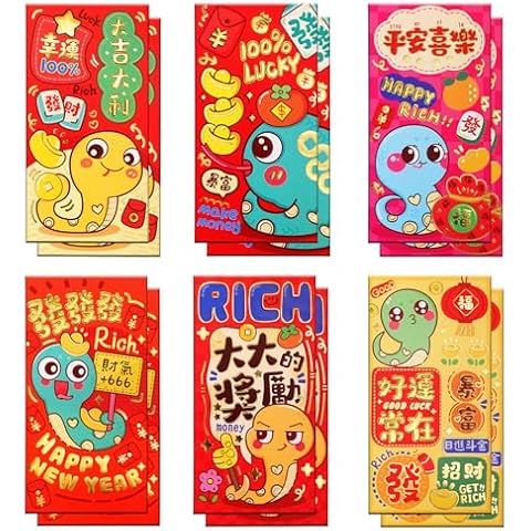 AIERSA Red Envelope Snake 2025, 12Pcs Cute Chinese New Year Red Envelopes Hong Bao for lunar New Year, Red Packets Lucky Money Envelopes for Cash, Hongbao Lai See for kids Chinese New Year Gifts Cover