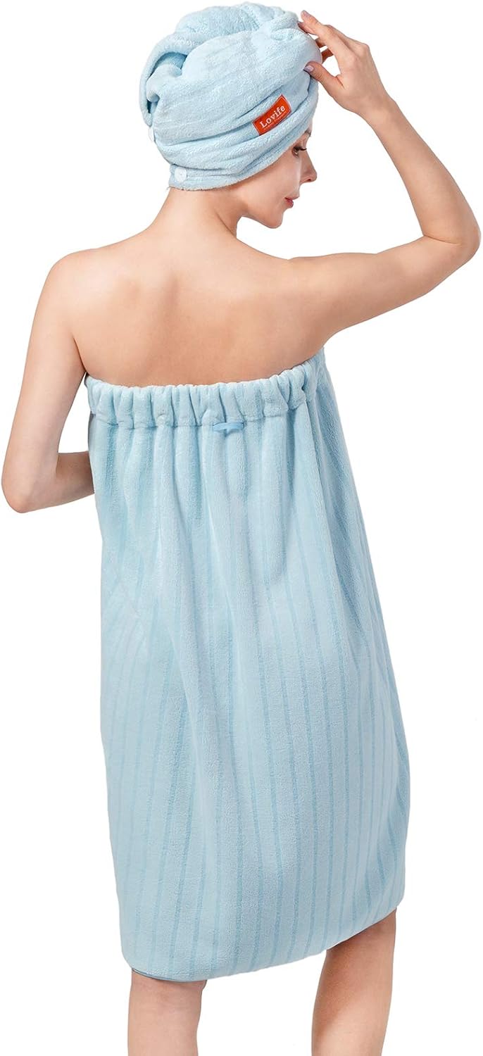 Lovife 2 Pack Microfiber Bath Spa Wrap & Hair Drying Towel Set for Women Bath Towel Wrap Adjustable Button Closure Bathrobe Women's Robes (Blue)