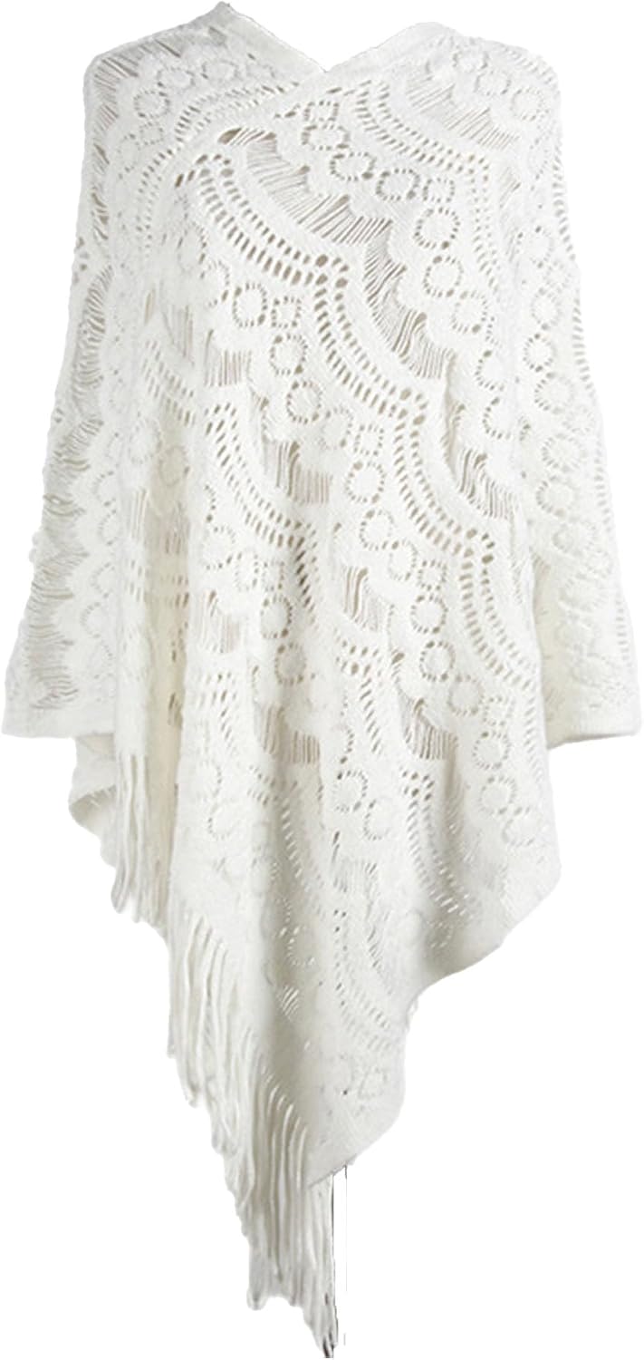 DGHM-JLMY Female Crochet Openwork Irregular Tassel Pullover Sweater Mid Length Hollow Solid Cape Sweater Poncho Knit Pullover