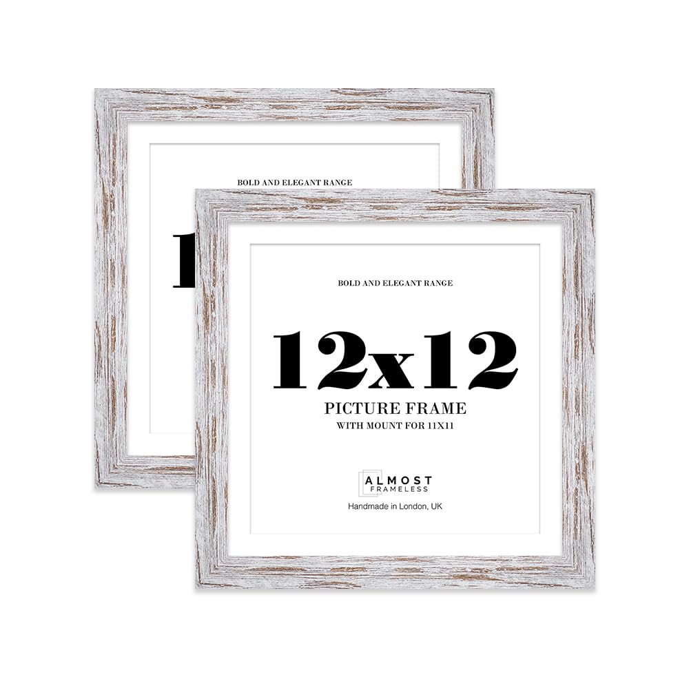12x12" Distressed Wood Square Frame With Mount for 11x11" Pictures 28mm Edge Frame Display with Wall Hooks and Kickstand, 2 Pack