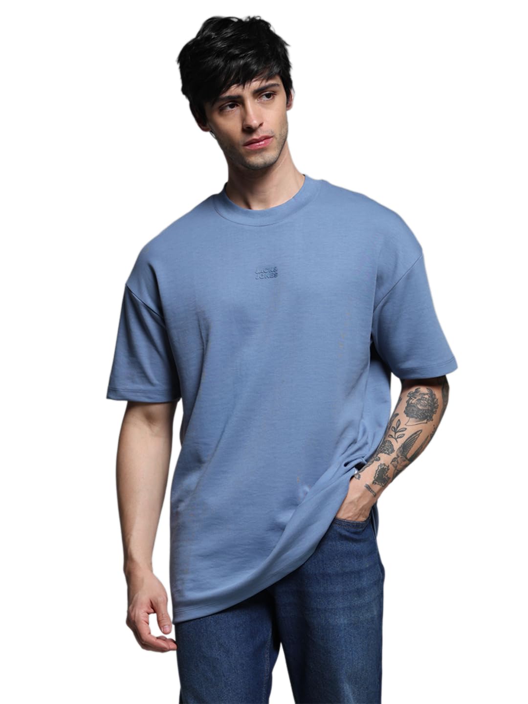 jack & jones Men's Solid Round Neck Cotton Relaxed Fit T-Shirt | Boxy Fit | Drop Shoulders-picture-38