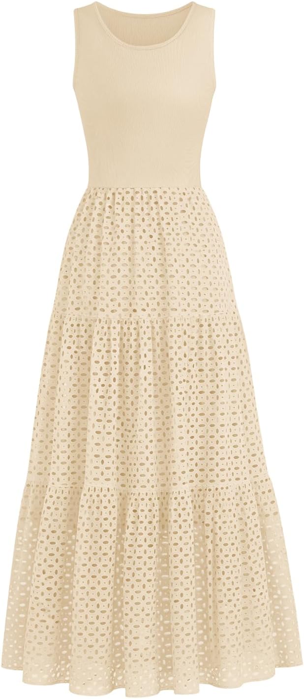 Lazysmile Womens Summer Dresses Crewneck Sleeveless A-Line Hollow Out Eyelet Tiered Tank Maxi Dress Sundress with Pockets