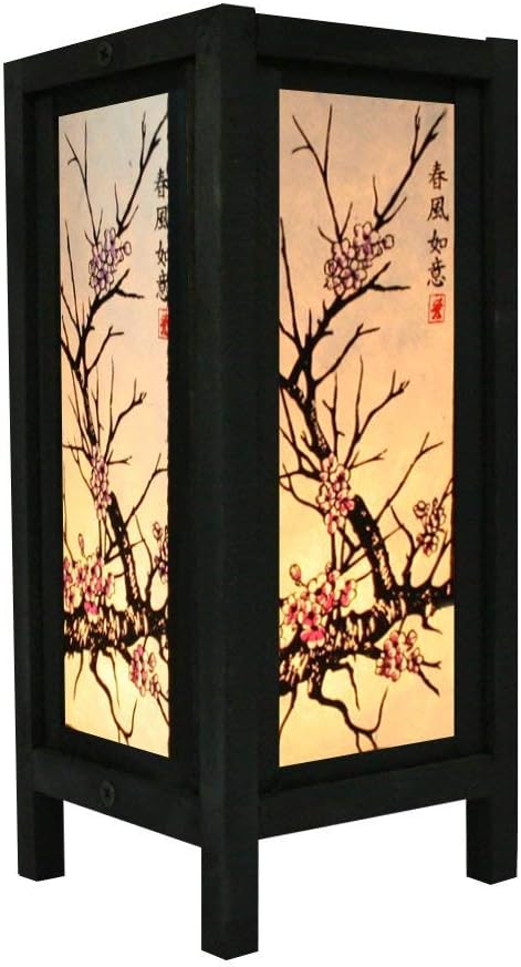 Cherry Blossom White Black Pink Painting 11" Wood Bedside or Table Lamp Japanese Oriental Collectible Handmade Asian Vintage Lighting for Home Décor