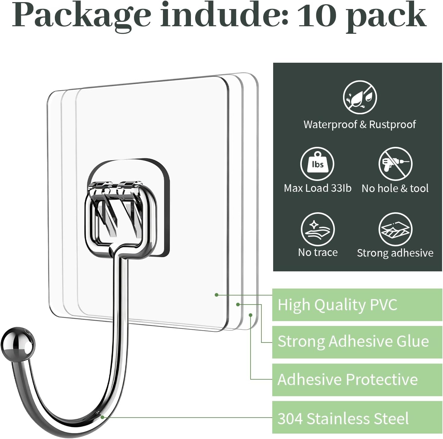 Large Adhesive Hooks for Hanging Heavy Duty, 33LB, No Drill, 10 Pack image 3