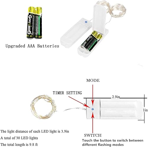 Miniatura 6 de YJFWAL Paquete de 12 luces LED de 10 pies y 30 luces LED, impermeables, luces de hadas estrelladas, funciona con pilas, alambre de cobre estrellado