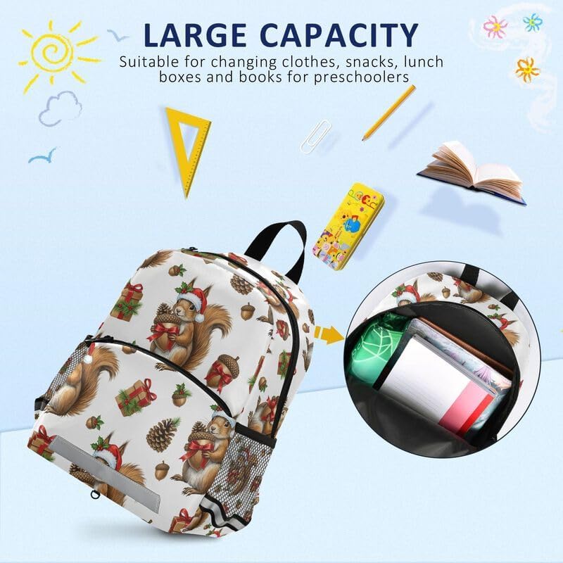 QUGRL Christmas Squirrel Gifts Toddler Backpack for Boys Girls Kids School Backpack with Chest Strap Leash Preschool Schoolbag Nursery Kindergarten Bag for Daycare Travel Hiking School
