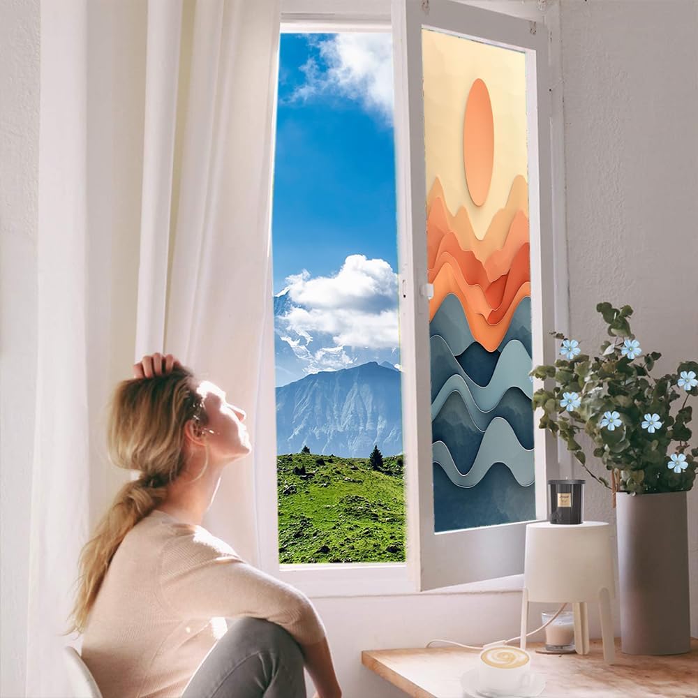 Colorful Ocean Texture Stained Glass Window Film, Abstract Ocean Sunrise Vintage Decorative Frosted Glass Window Privacy Film, Heat Control Adhesive Windows Sticker 35.4Wx63L inch