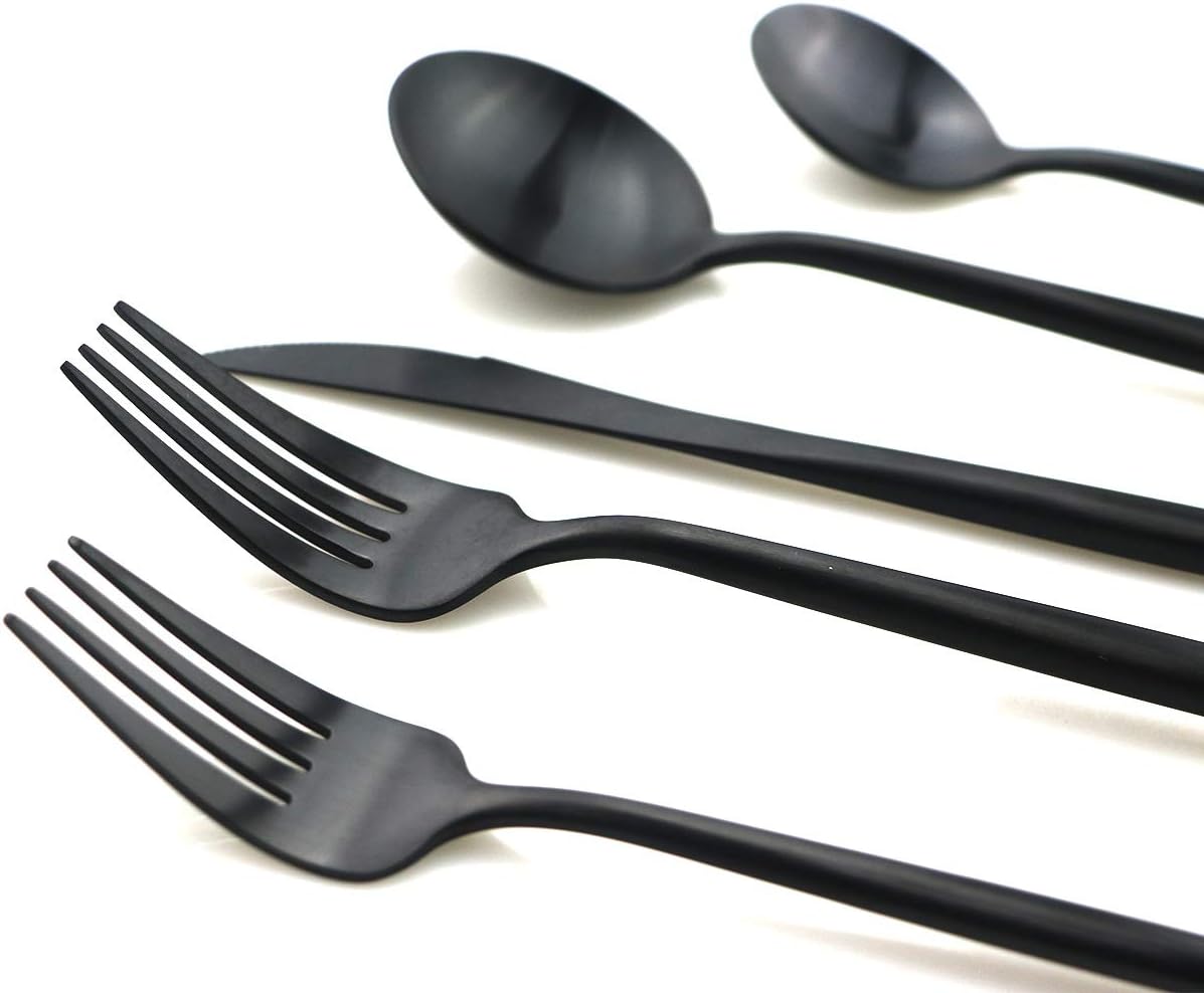 Gugrida 20-Piece Matte Black Flatware Set, 18/10 Stainless Steel, Includes Dinner Knife, Spoon, Fork, Salad Fork, Dessert Spoon, Straw, Dishwasher Safe, Modern Style