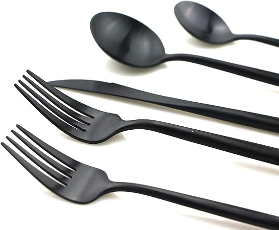 5 Pieces Matte Black Flatware Set, 18/10 Stainless Steel Cutlery Sets Including Knife Fork Spoon w/Dessert Fork Teaspoon, Silverware Sets Service for 1