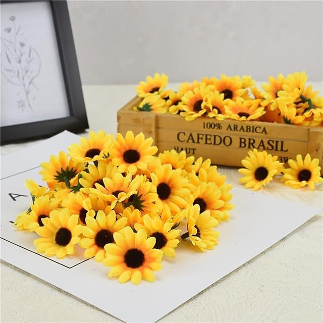 100 Pcs Artificial Sunflower Heads Yellow Artificial Flower Heads Mini Fake Sunflower Decorative Fabric Flowers Craft Floral Embellishments