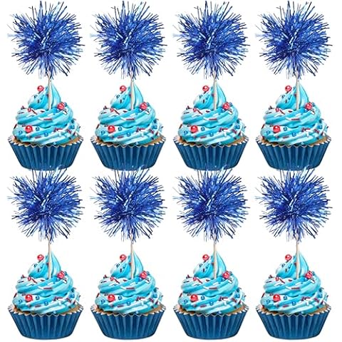 Rsstarxi 40 Pack Foil Firework Cupcake Toppers Sparkles Fireworks Sticks Birthday Decorations Sparkle Tinsel Cocktail Fruit Toothpick for Birthday Wedding Graduation Party Cake Decorations Deep Blue Cover