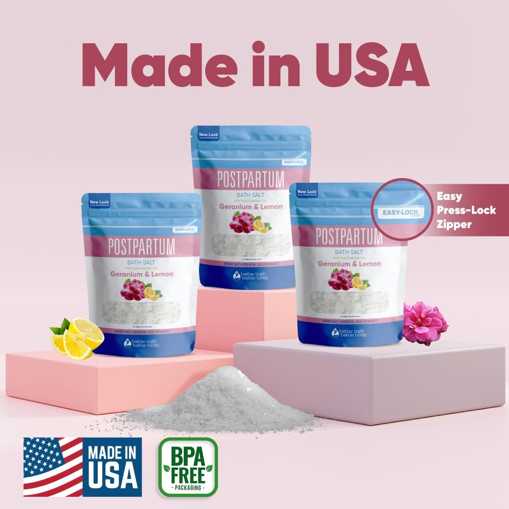 Postpartum Bath Salt (3 Pack) Postpartum Bath Soaks USP Grade Epsom Salt with Pure Essential Oils in BPA Free Pouch with Press Lock Seal Made in USA Three 2 Lbs Pouches 6 Lbs Total