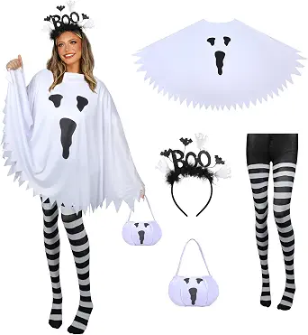 4 PCS Halloween Costume Set for Women - Ghost Costume, Poncho, Candy Bag, Headband, and Striped Tights