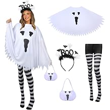 4 PCS Halloween Costume Set for Women 2026 Adult Ghost Costume, Ghost Poncho, Candy bag Headband and Nylon Striped Tights for Halloween Cosplay Party