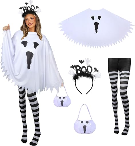 4 PCS Halloween Costume Set for Women Adult Ghost Costume, Ghost Poncho, Candy bag Headband and Nylon Striped Tights for Halloween Cosplay Party