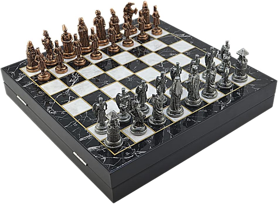 Metal Chess Set for Adults Ottoman vs Byzantine Antique Copper Figures,Handmade Pieces and Different Design Wooden Chess Board with Storage (Marble)