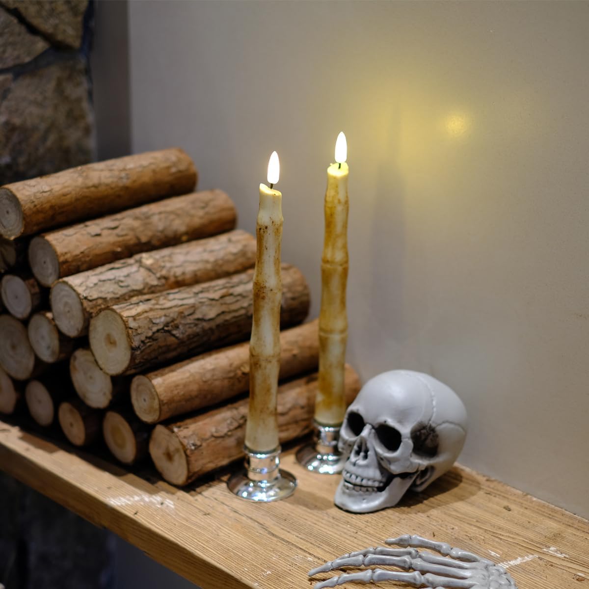 NONNO & ZGF Halloween 4 Pack LED Finger Taper Candles, Covered Real Paraffin Wax and Ground Cinnamon, 10.2'' Flameless Battery Operated Candle with Remote and Timer Function