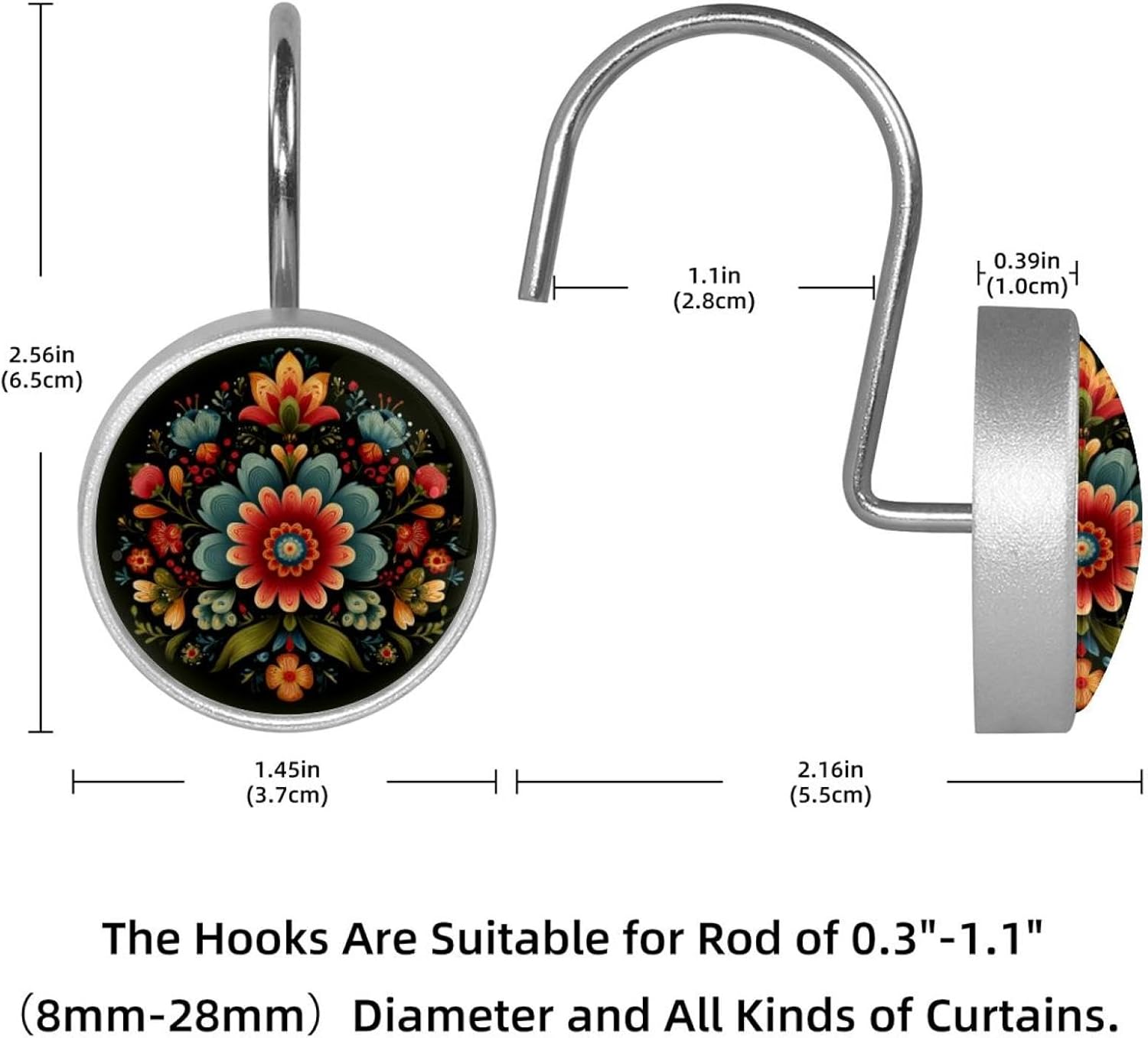 12 Pack Norwegian Rosemaling Folk Style Flower (19) Shower Curtain Hooks Rings, Durable Shower Hooks for Liner, Shower Rings for Curtain and Bathroom Shower Rod