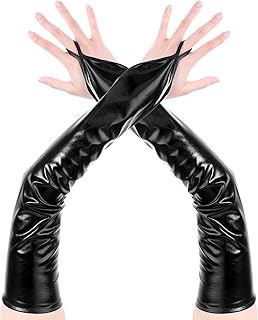Black Fingerless Gloves Long Metalic Opera Gloves Sexy Elbow Length Gloves for Women Halloween Tea Party
