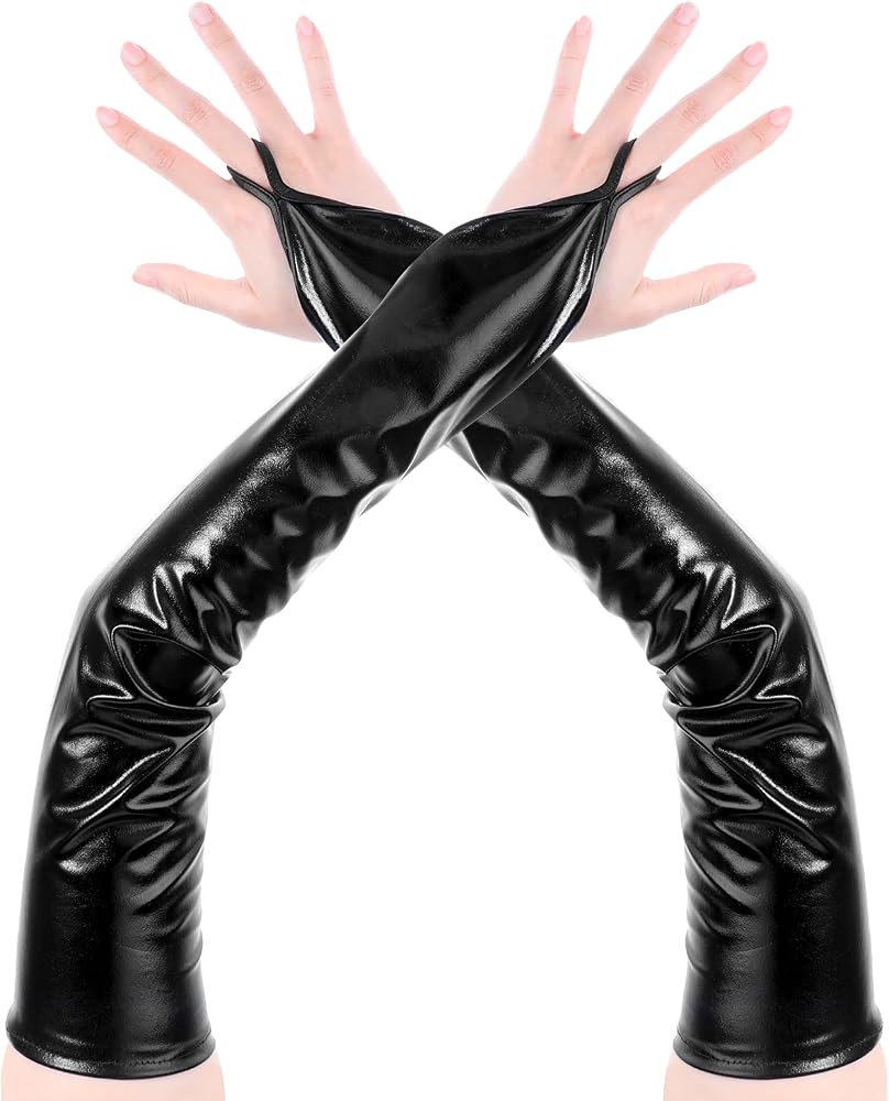 Yolev Fingerlose Handschuhe Lang Damen Leder Schwarz Metallhandschuhe Ellenbogenlange Lange Handschuhe Schwarz Damen Party Halloween Cosplay 980er Jahre Alien Kostüm Zubehör Braut Hochzeit Weihnachten Spielzeug