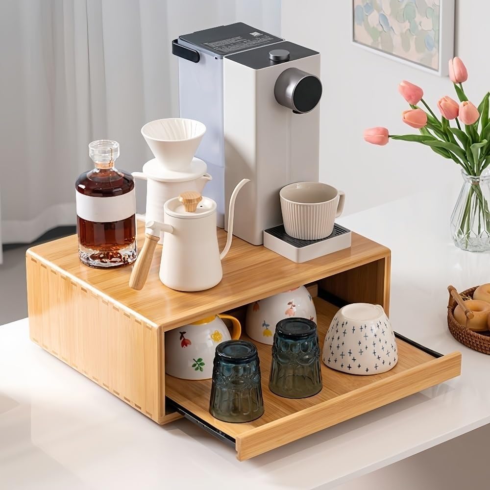 Cup Storage Holder,Multi-Tier Coffee Station Organizer - Kitchen Cup Holder & Tea Storage Shelf with Pull-Out Drawer - Versatile Machine Stand for Kitchen & Living Room,Brown-