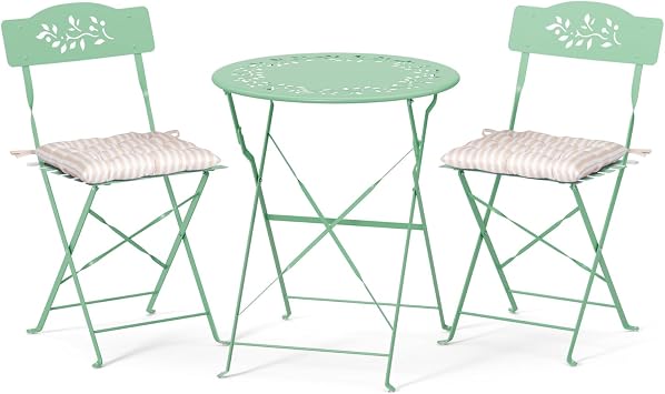 VINGLI Outdoor Folding Bistro Table and Chairs Set of 2, 3-Piece Bistro Set with Olive Leaf Cutout Design and Comfortable Cushions for Patio, Balcony, Garden, Porch, Yard, Mint Green
