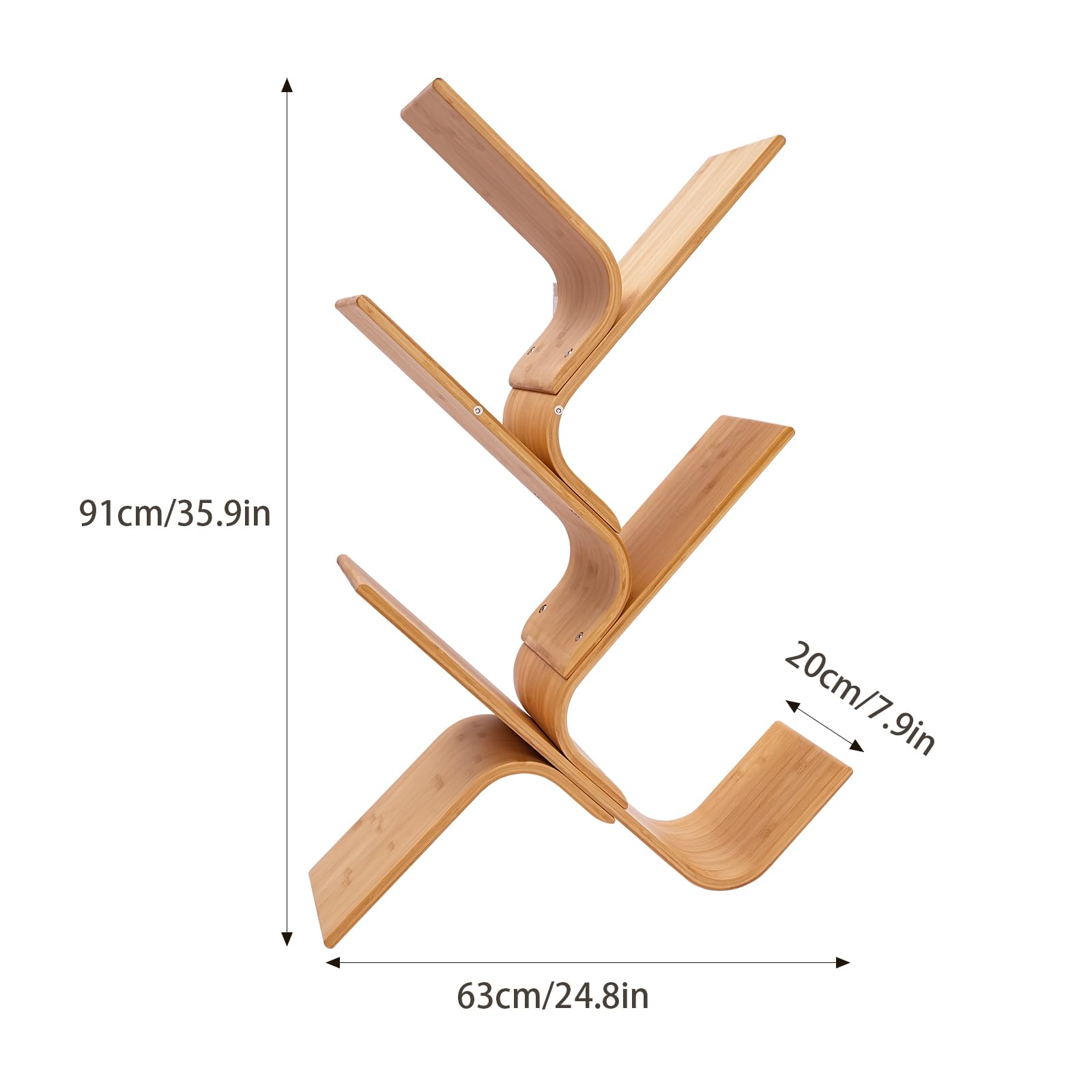 Librería de bambú de 5 niveles para el suelo, estantería moderna de pie, estantería curvada creativa, estantería de árbol curvada de bambú curvado para el hogar, salón, esquina, dormitorio