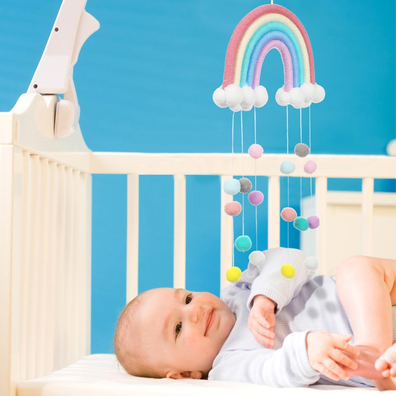Rainbow Macrame Wall Hanging: Hand-Woven Cotton Tassel Tapestry Decor - Cute Raindrops Pendant for Baby Nursery and Toddler Girls Room Bedroom Ceiling Decoration