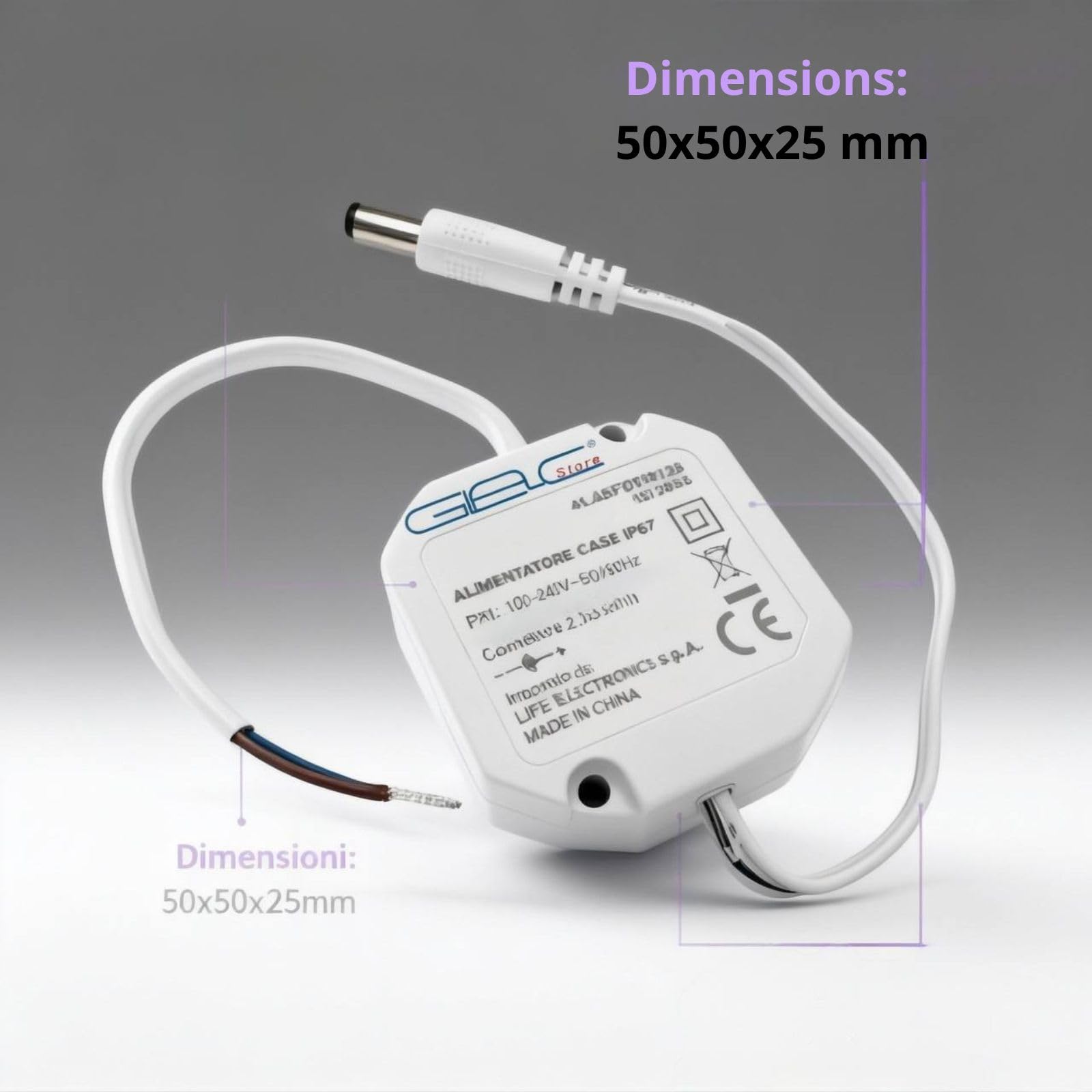 Alimentatore IP67 Impermeabile, Tensione Costante 12V DC, 100-240V AC, Dimensioni 50x50x25mm, Protezione Sovraccarico, Certificato CE (2A-24W)